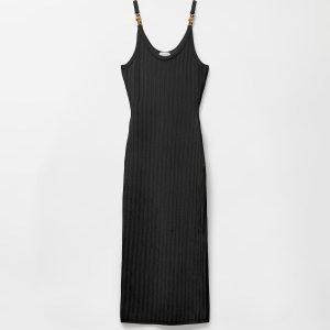 Viscose Mesh Ribbed Knit Midi Dress