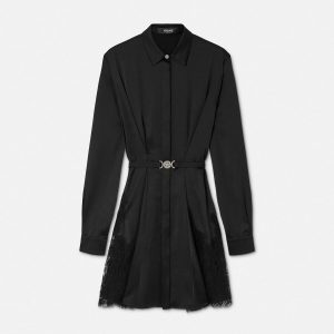 Lace-Trim Satin Mini Shirt Dress