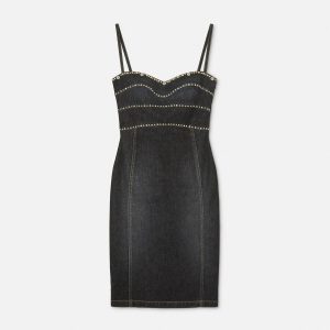 Embellished Denim Fitted Midi Dress