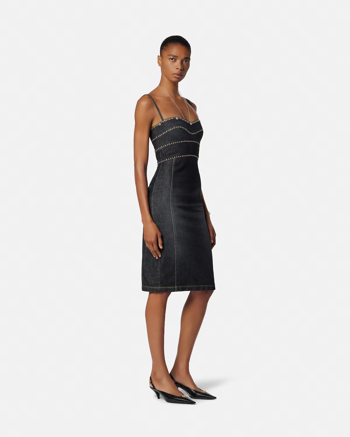 Embellished Denim Fitted Midi Dress - Image 2