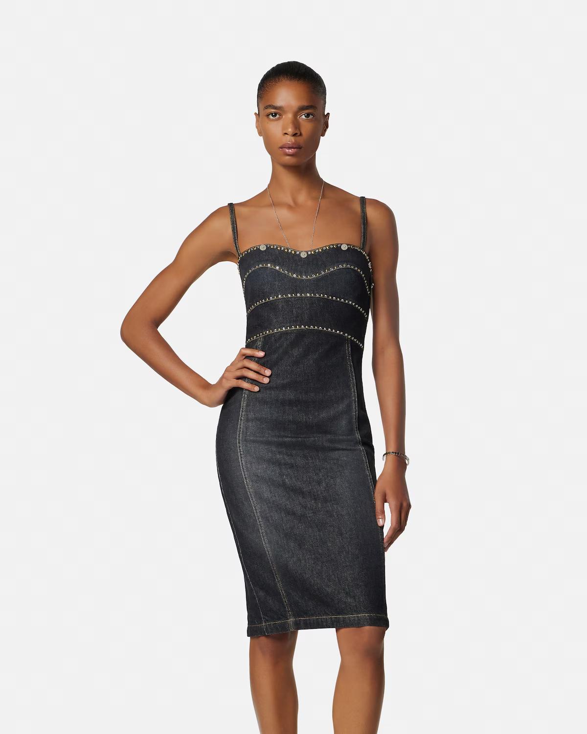 Embellished Denim Fitted Midi Dress - Image 4