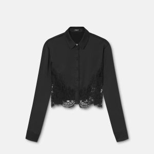 Lace-Trim Satin Crop Shirt