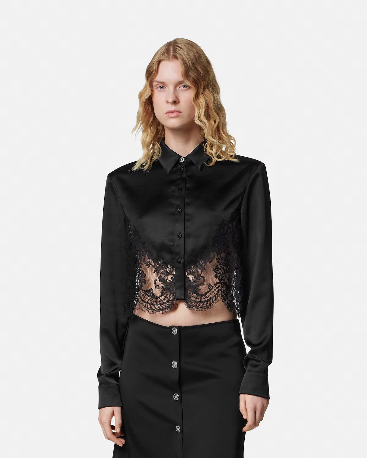 Lace-Trim Satin Crop Shirt - Image 4