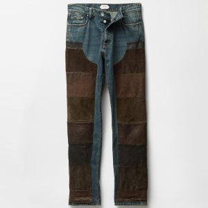 Leather Patchwork Straight Jeans