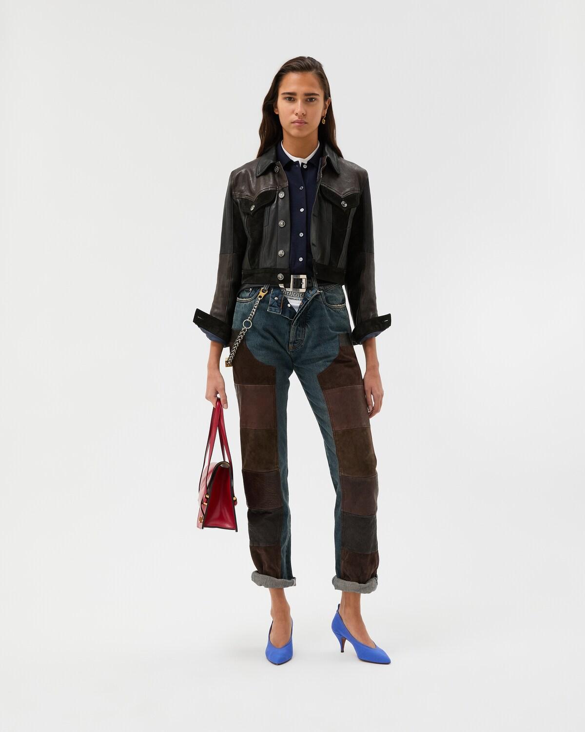 Leather Patchwork Straight Jeans - Image 2