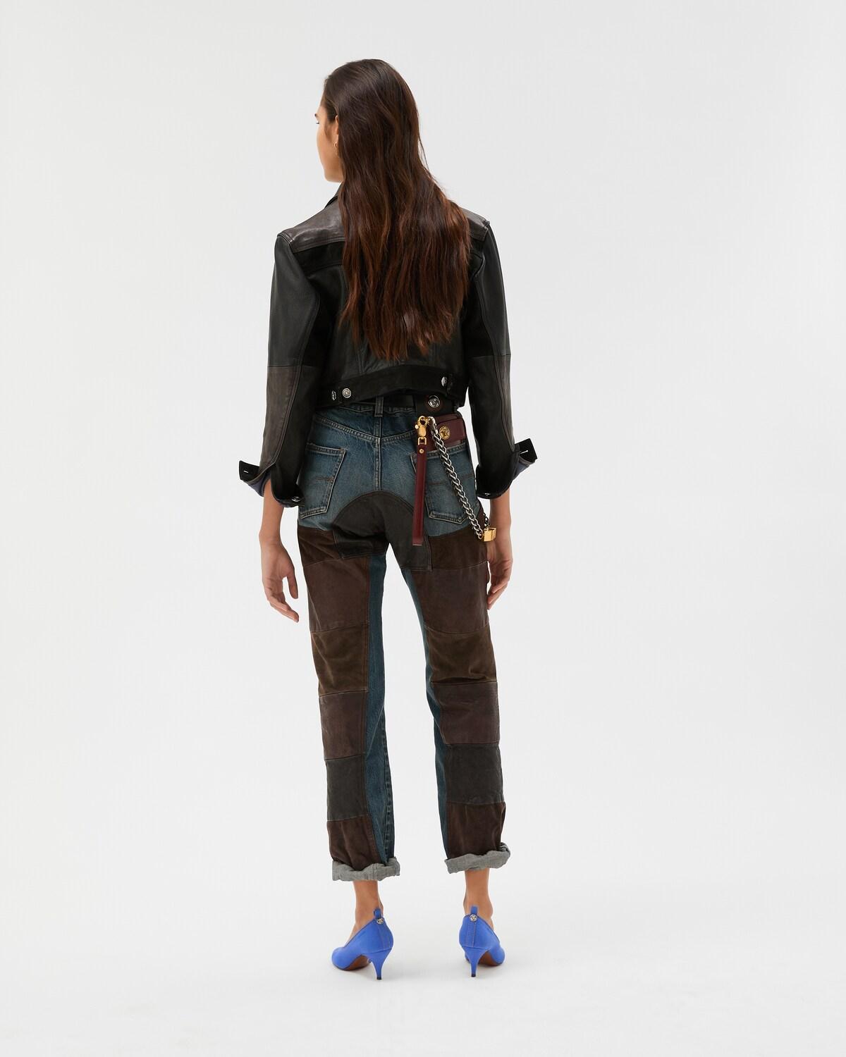 Leather Patchwork Straight Jeans - Image 3
