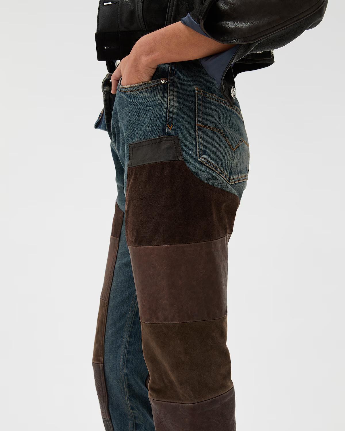 Leather Patchwork Straight Jeans - Image 4
