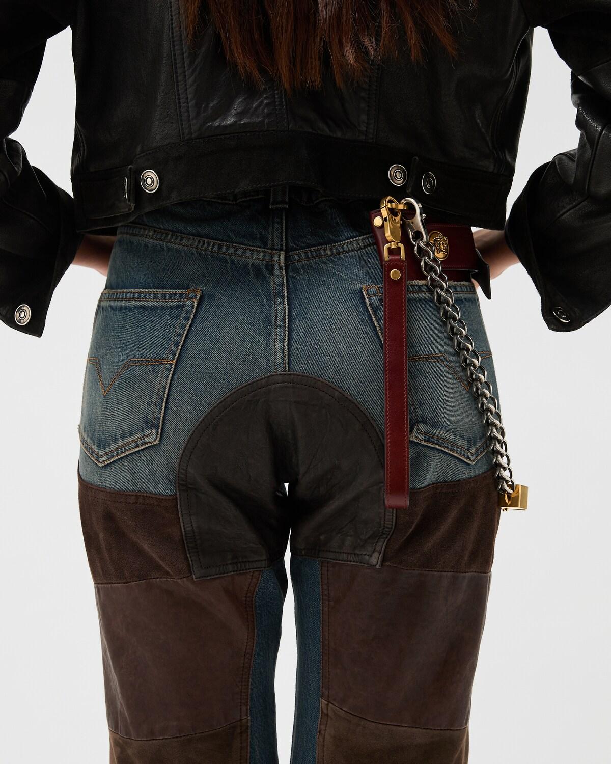 Leather Patchwork Straight Jeans - Image 5