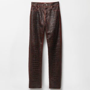 Embroidered Croc-Effect Leather Pants