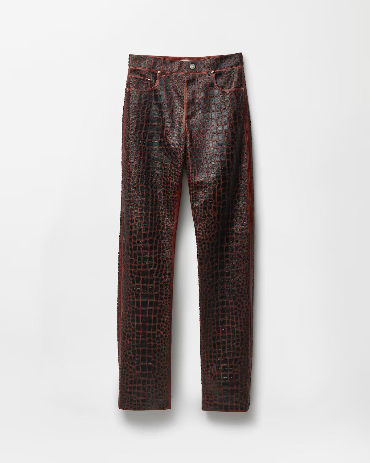 Embroidered Croc-Effect Leather Pants