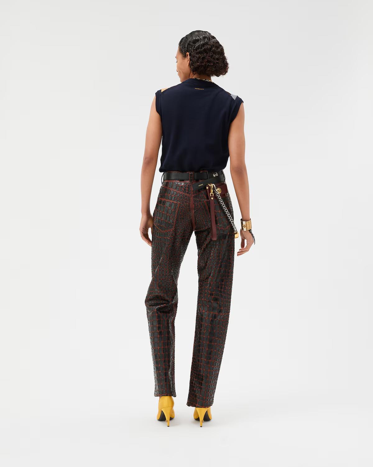 Embroidered Croc-Effect Leather Pants - Image 3