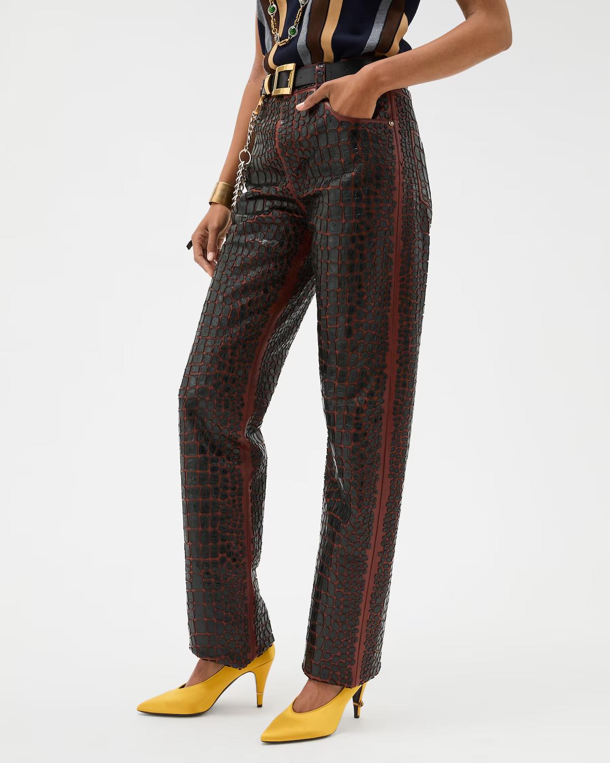 Embroidered Croc-Effect Leather Pants - Image 4