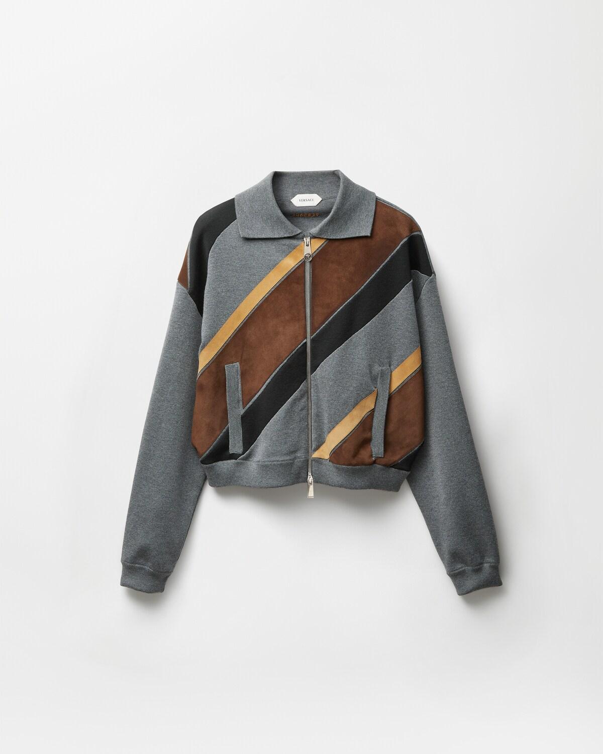 Intarsia-Wool & Leather Patchwork Zip Sweatshirt
