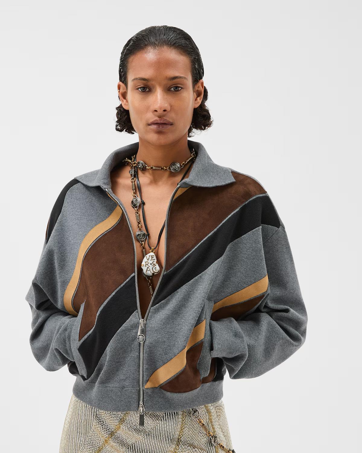 Intarsia-Wool & Leather Patchwork Zip Sweatshirt - Image 2