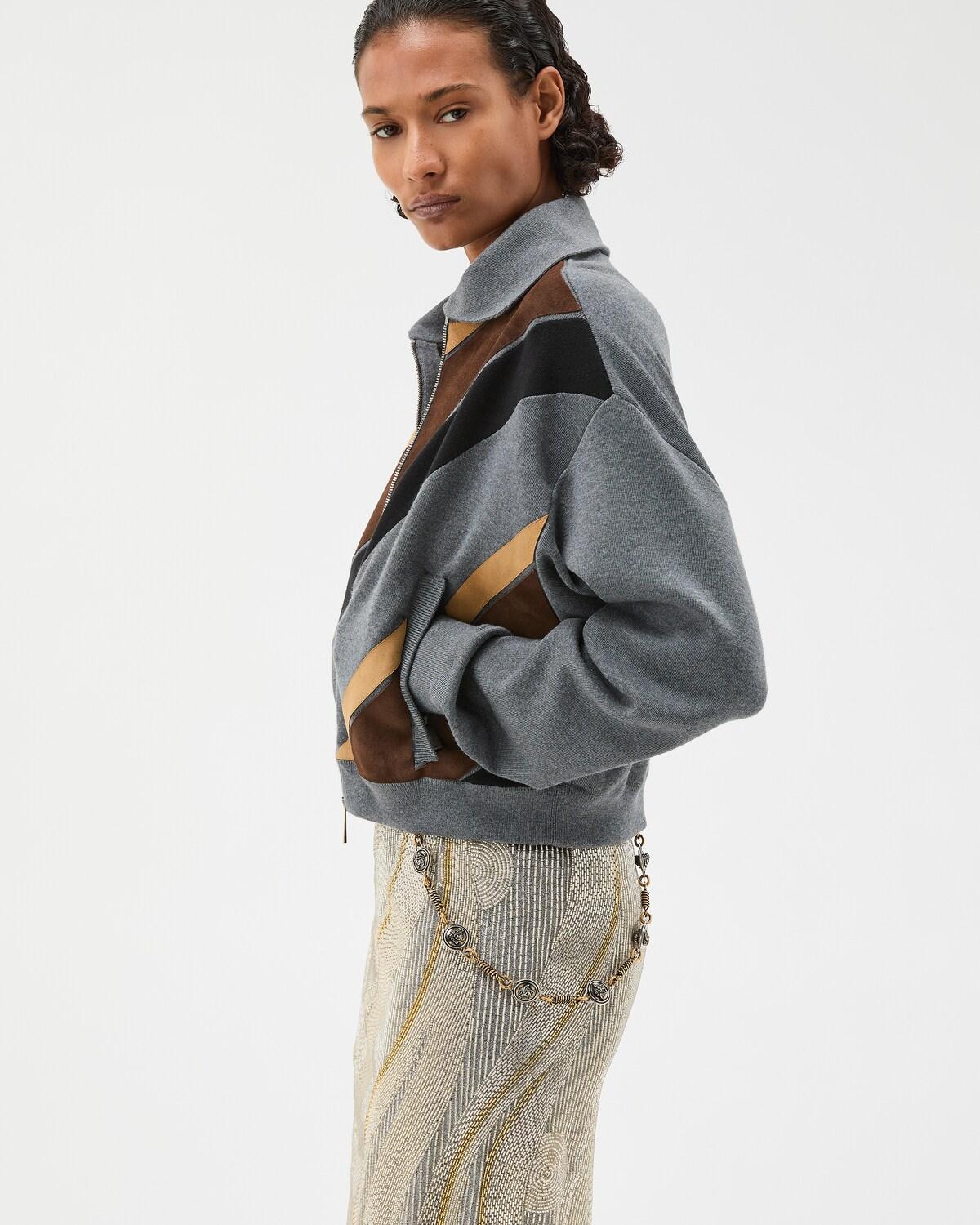 Intarsia-Wool & Leather Patchwork Zip Sweatshirt - Image 4