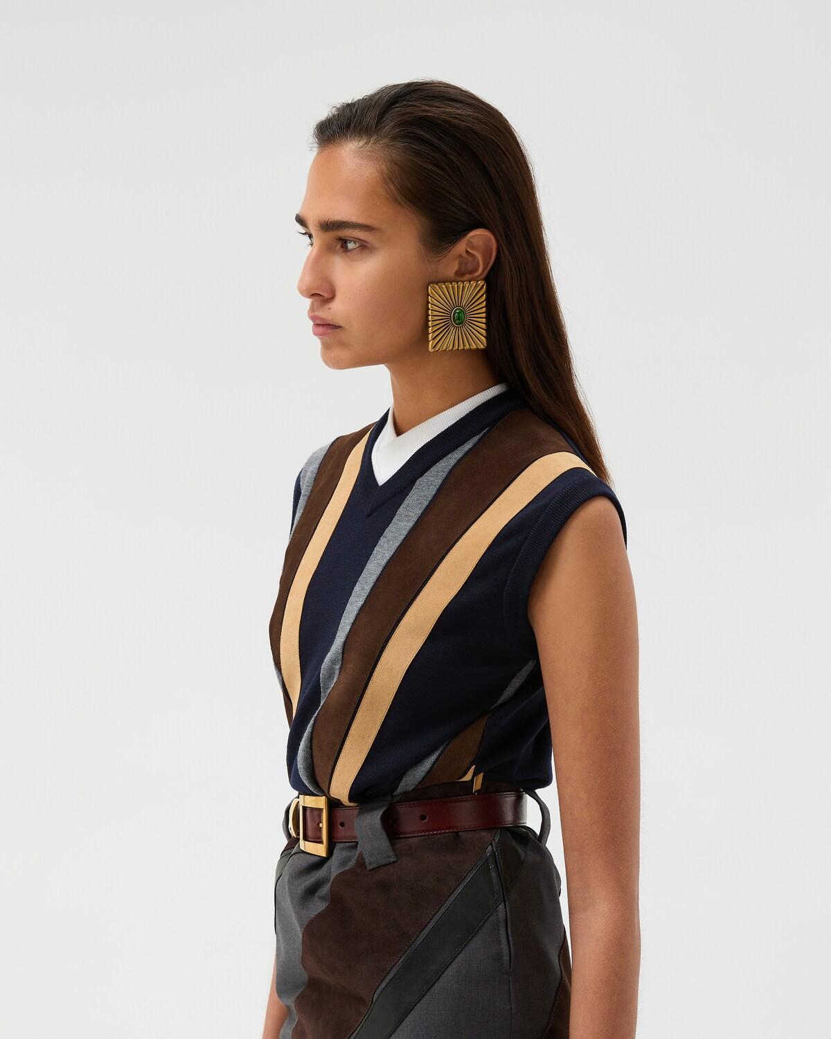 Intarsia-Wool & Leather Patchwork Vest - Image 4