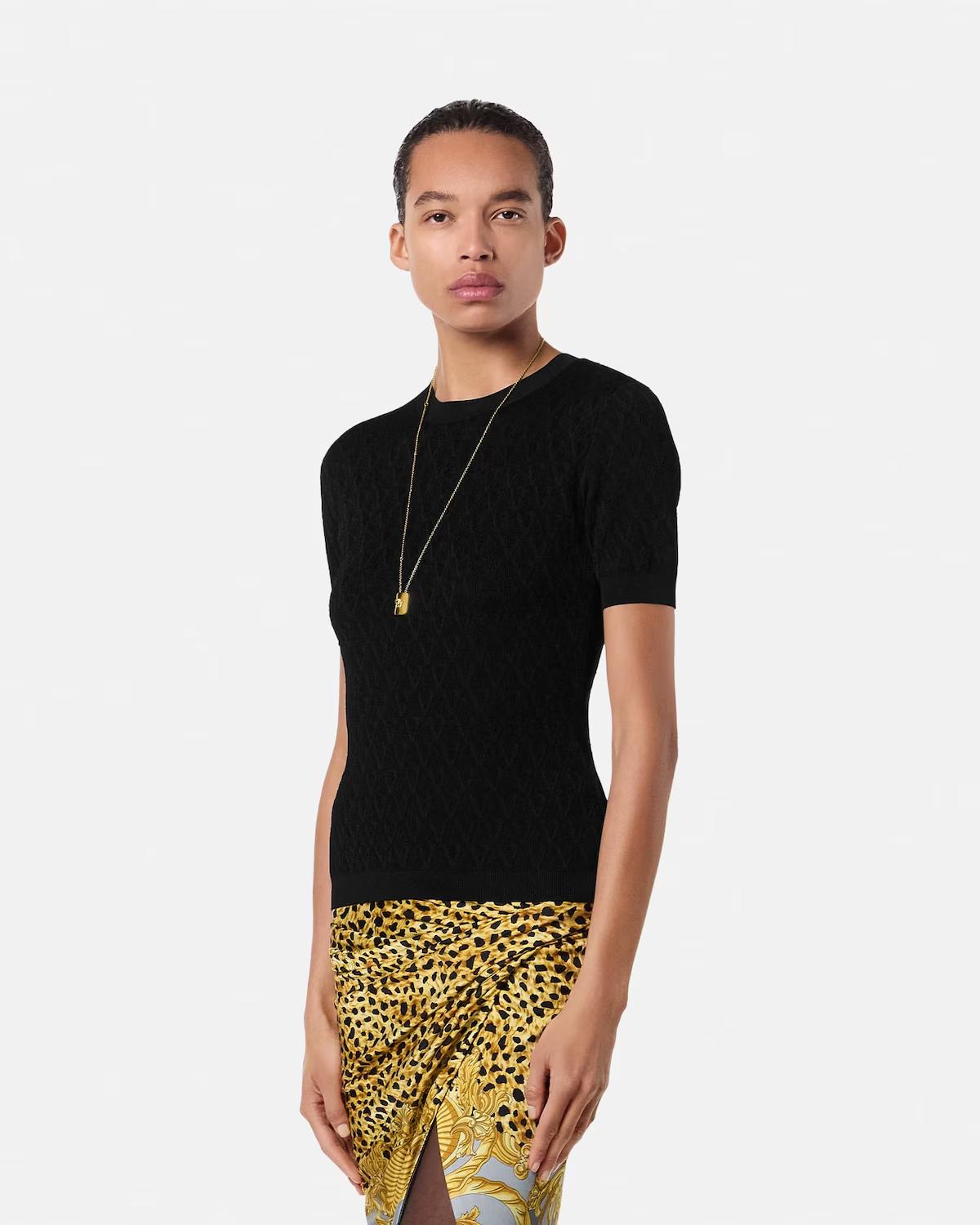 Jacquard Stretch Viscose Fitted Knit T-Shirt - Image 4