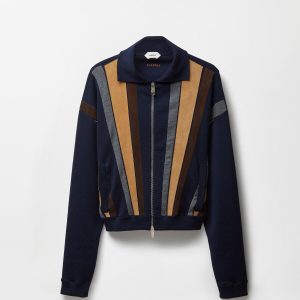 Intarsia-Wool & Leather Patchwork Zip Sweater