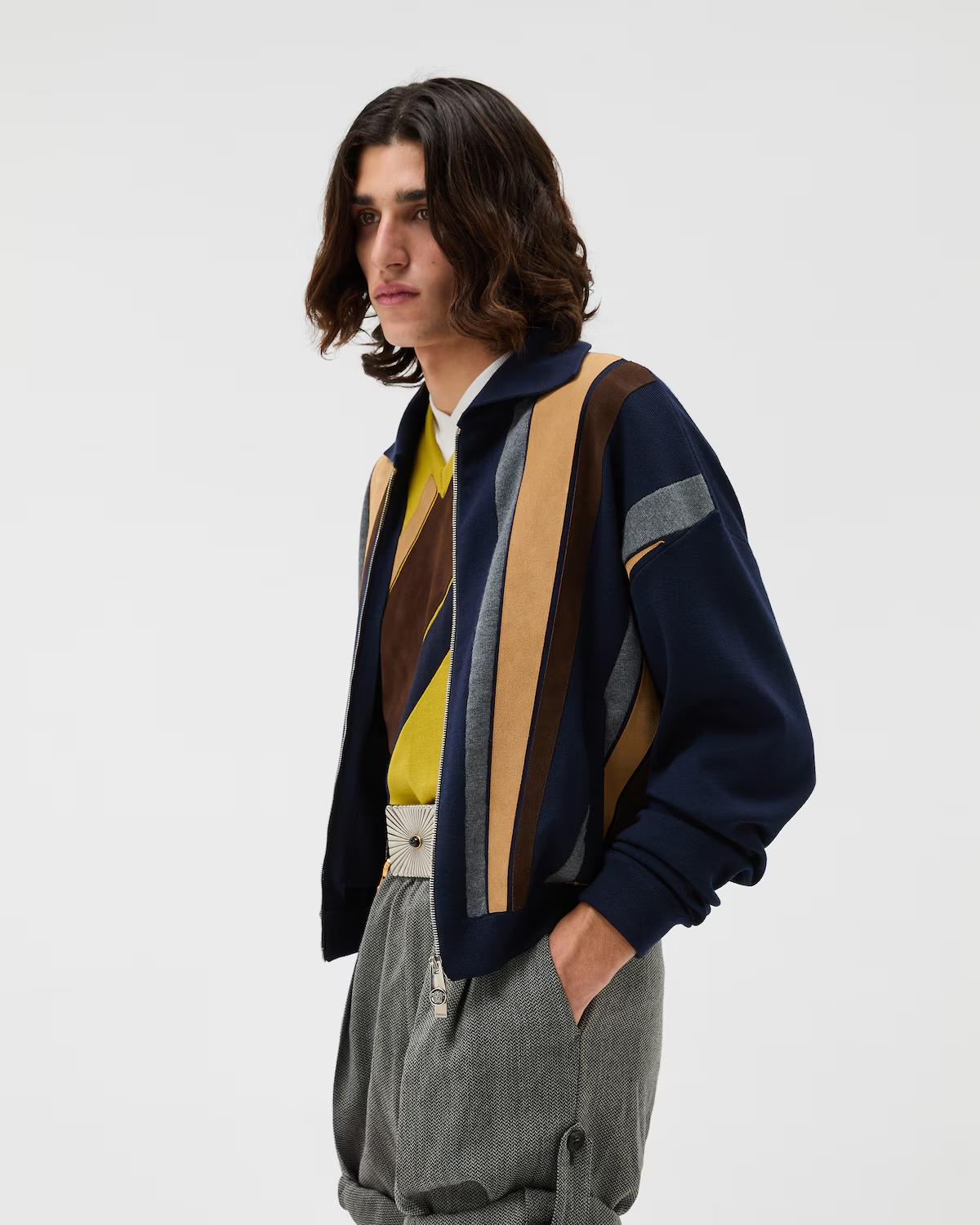 Intarsia-Wool & Leather Patchwork Zip Sweater - Image 4