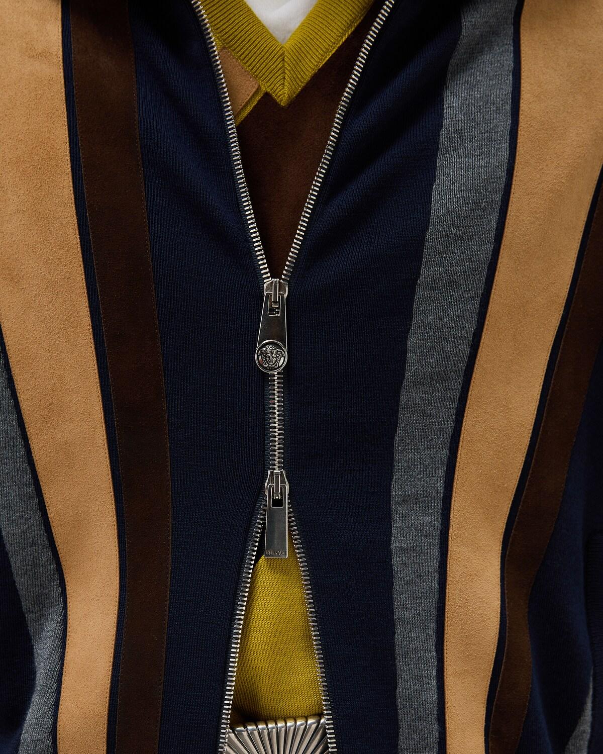 Intarsia-Wool & Leather Patchwork Zip Sweater - Image 6