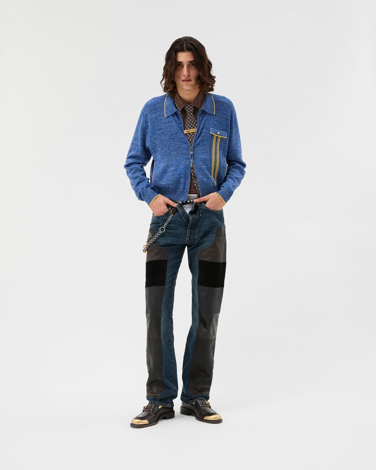 Leather Patchwork Straight Jeans - Image 2