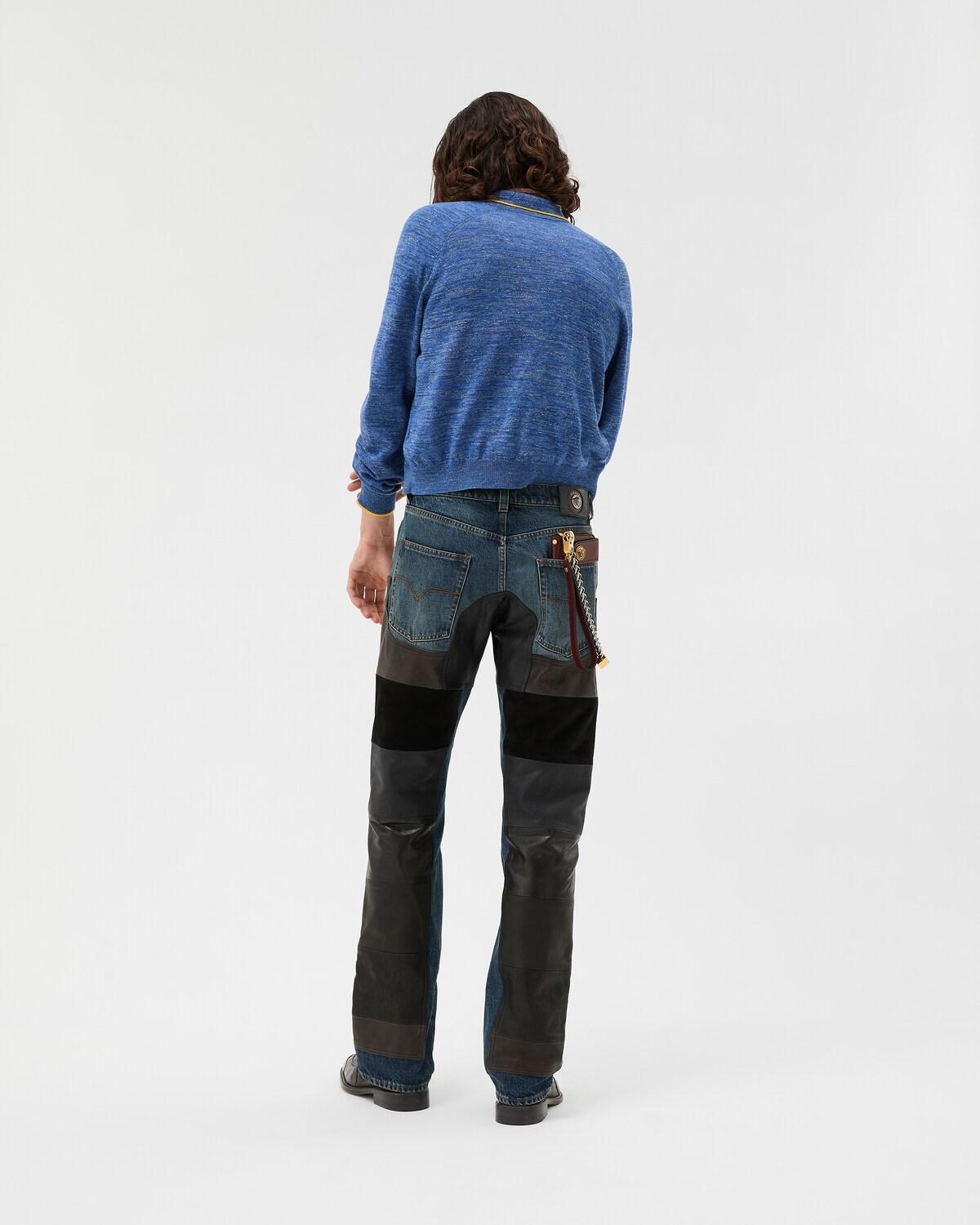 Leather Patchwork Straight Jeans - Image 3
