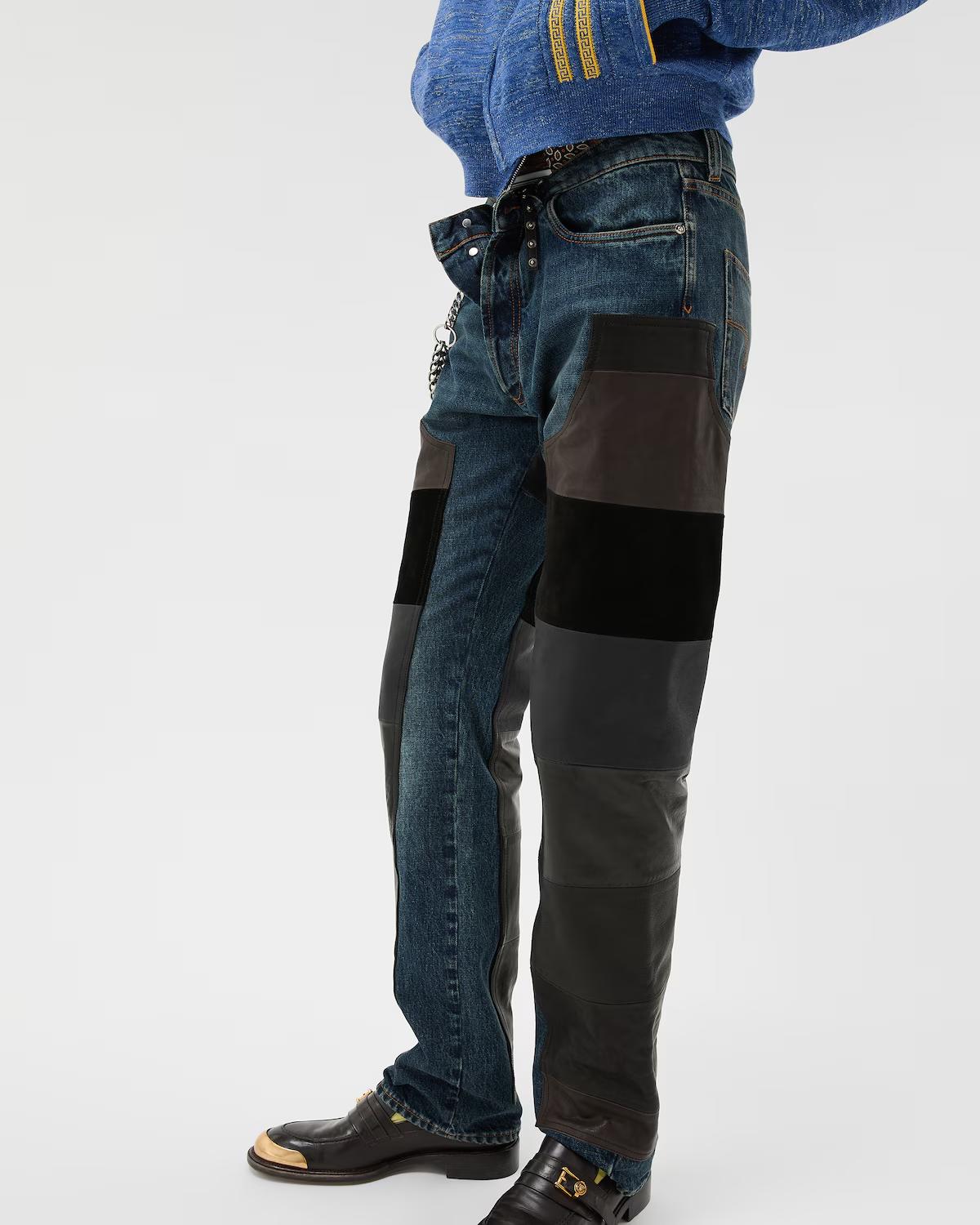 Leather Patchwork Straight Jeans - Image 4