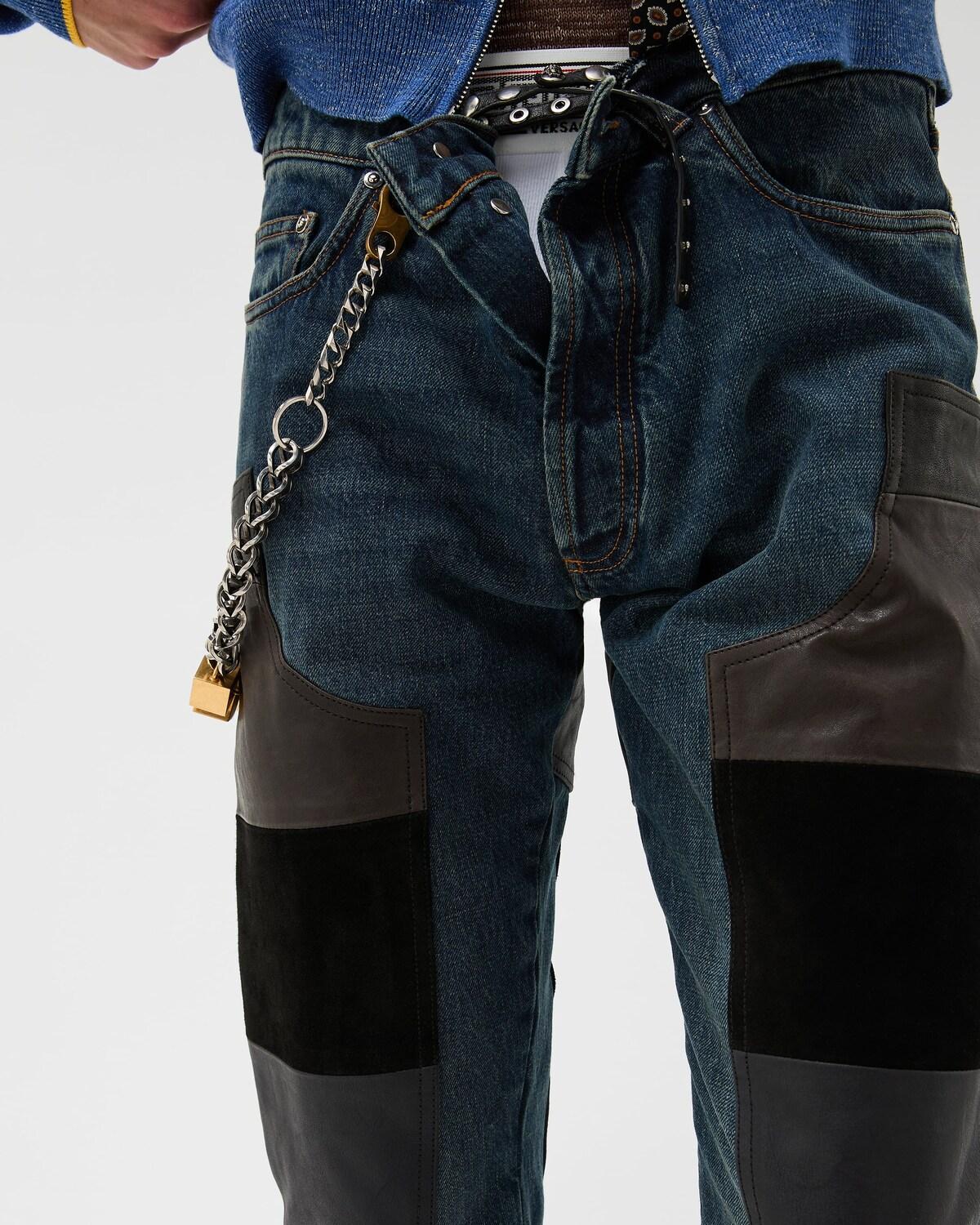 Leather Patchwork Straight Jeans - Image 5